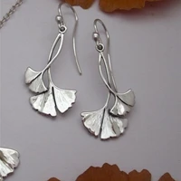 retro earrings ginkgo 925 sterling silver earrings handmade geometric leaf drop