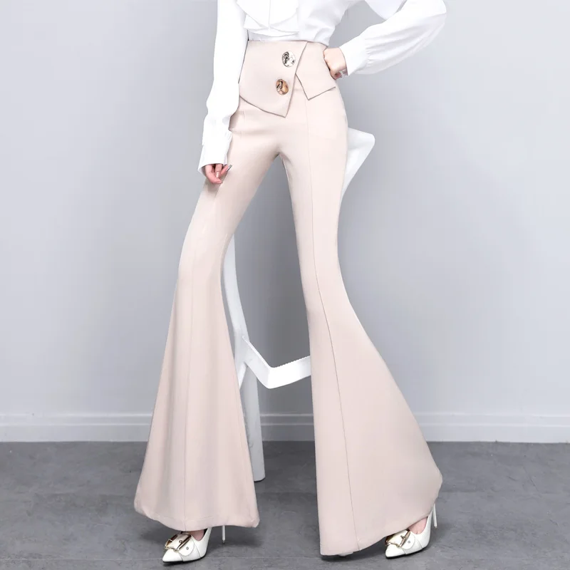 

JMPRS Korean Women Flared Pants Fashion Ruffles High Waist Spring Slim Black Ladies Pants High Quality New 2021 Button Trousers