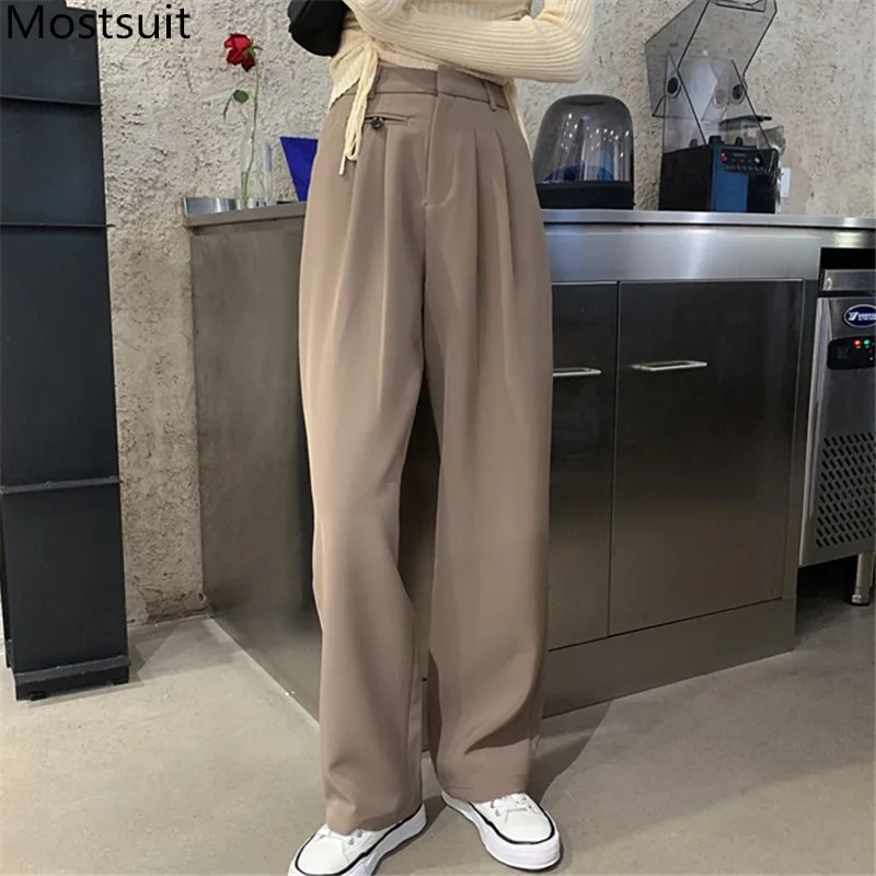 

High Waist Wide Leg Suit Pants Trousers Women Chic Korean Office Ladies Streetwear Female Full-length Pants 2021