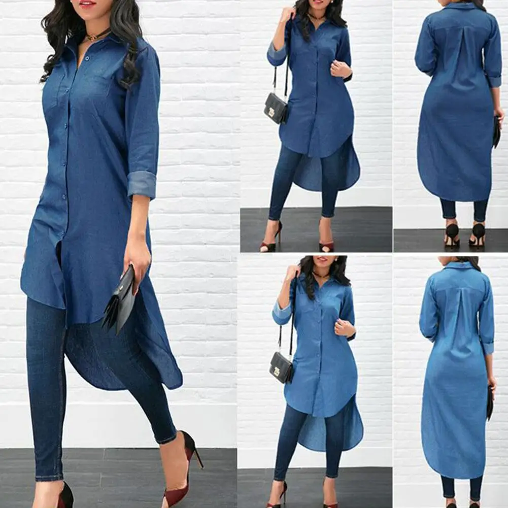 Американский стиль женские повседневные свободные джинсовые блузки макси с