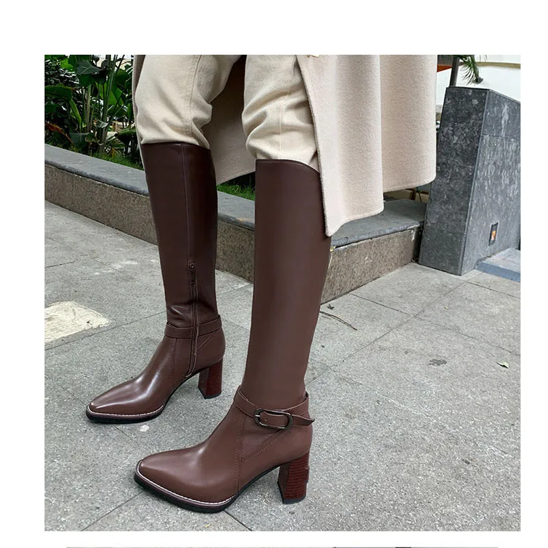 

Stylesowner Retro Brown Temperament Boots Square Toe Belt Buckle High-heel Knight Boots 2020 Thick-heel Knee-high Boots Women