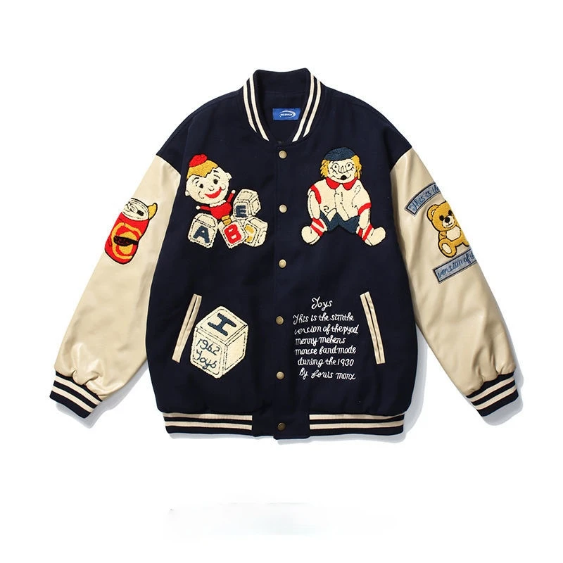 

Varsity Jacket Women Vibe Contrast Sleeve PU Leather Cartoons Pattern Bomber Jackets Men Coat Harajuku Oversized Baseball Jacket