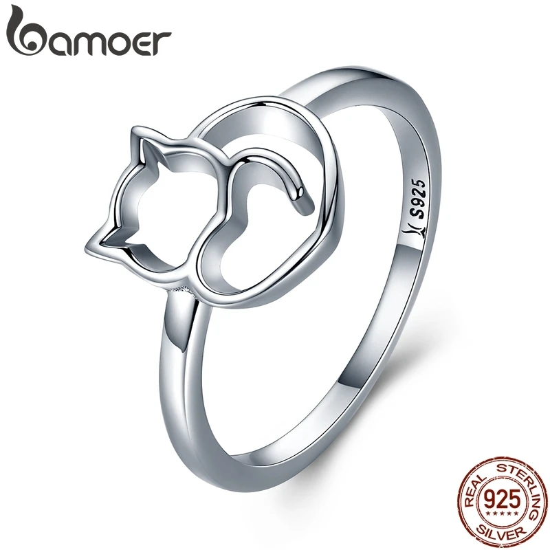 

BAMOER Authentic 100% 925 Sterling Silver Naughty Little Cat & Heart Finger Ring for Women Sterling Silver Jewelry Gift SCR104