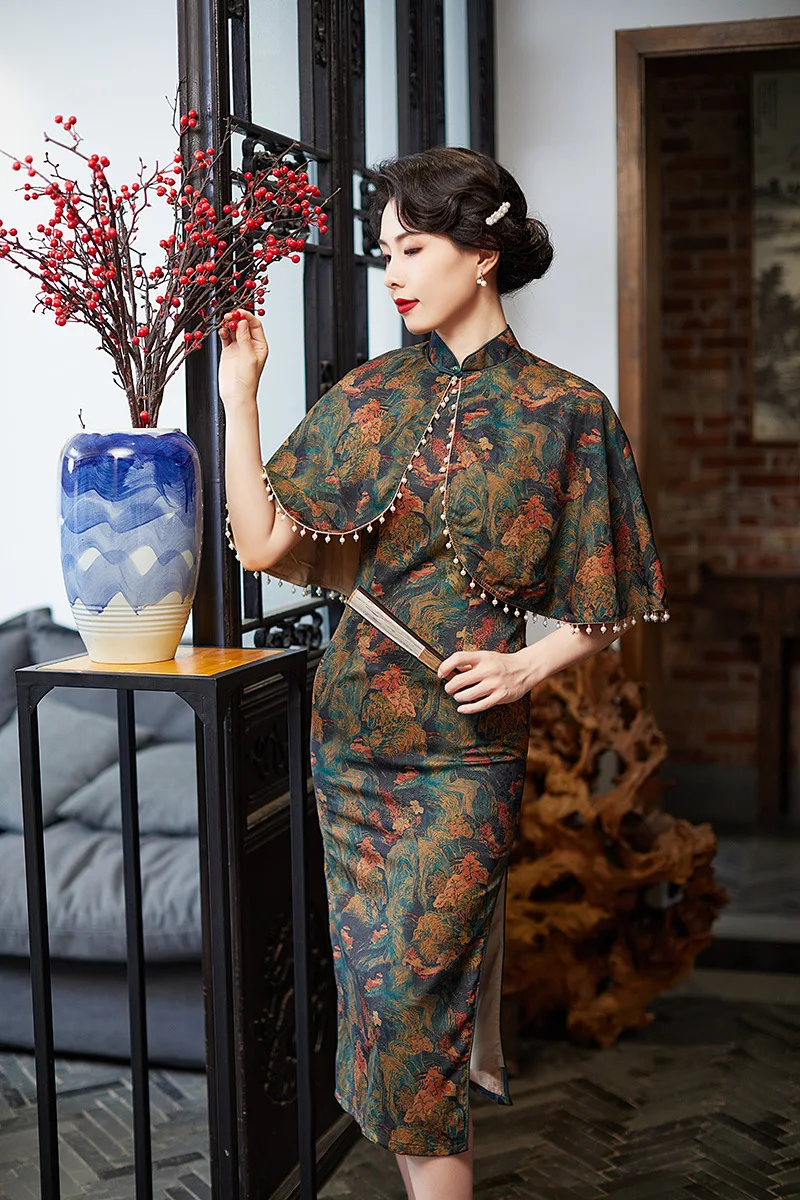 

Oversize 4XL Women Satin Qipao With Shawl 2PCS Print Cheongsamst Vintage Button Chinese Dress Elegant Mandarin Collar Vestidos