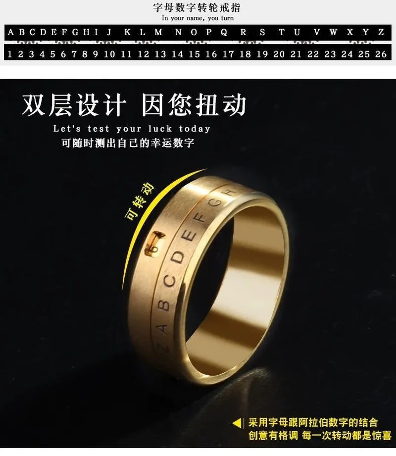 

New 26 English Letters and Arabic Numerals Combination Stainless Steel Wedding Ring, Male and Female Can Rotate Ring