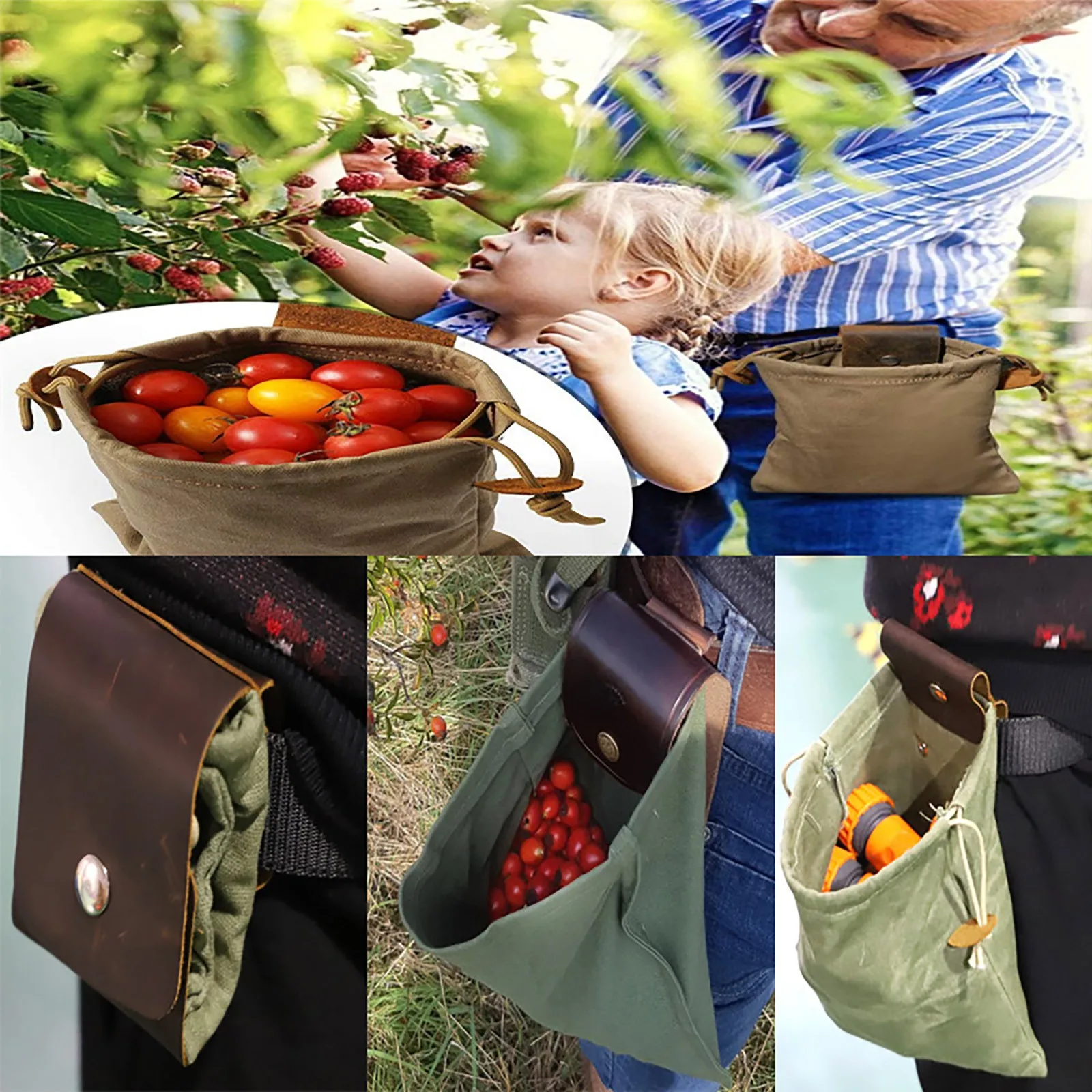 Farm Picking Bag Pu Leather Canvas Waist Tool Jungle Storage Foraging Fruit Pouch for Camping Hiking | Дом и сад