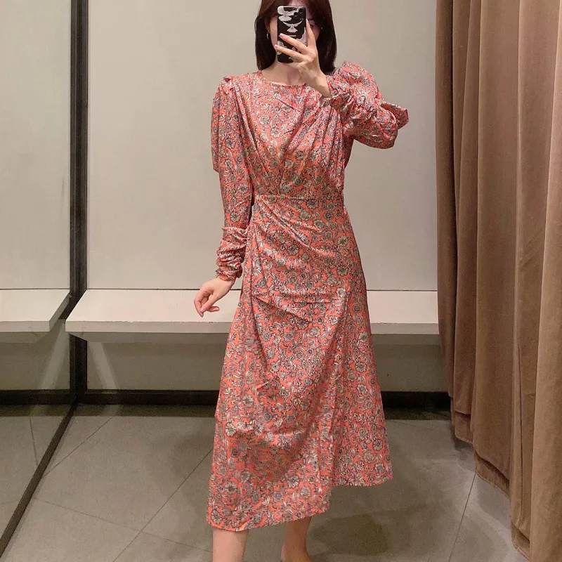 KUMSVAG 2020 летнее женское плиссированное платье с длинным рукавом и круглым вырезом