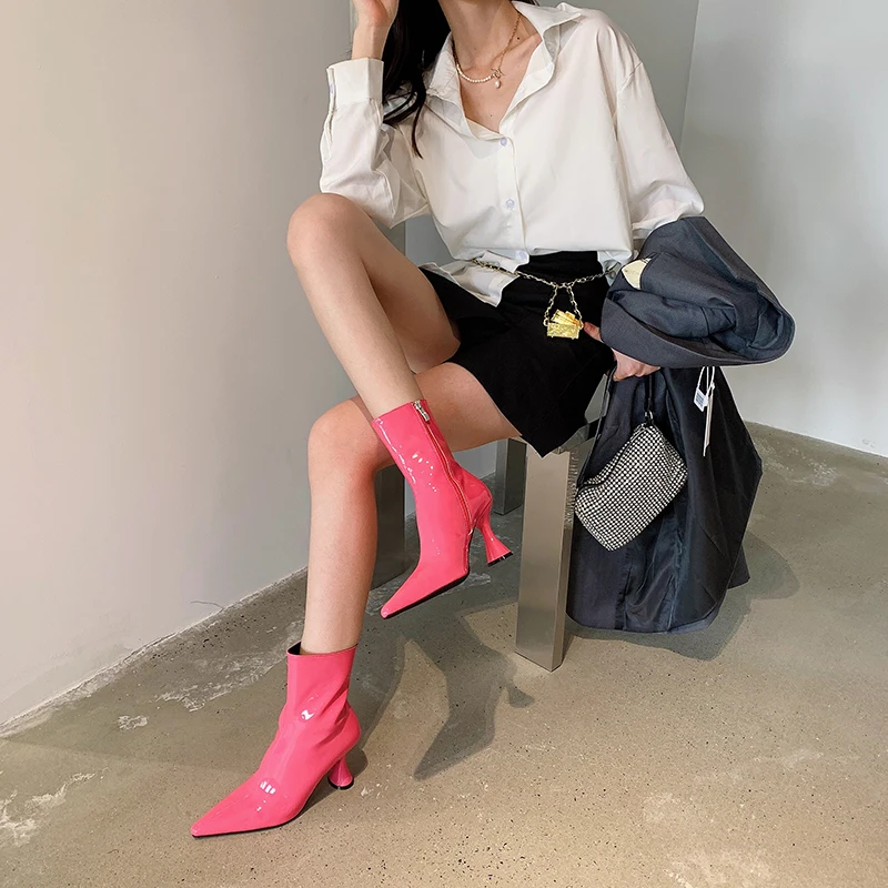 Ботильоны женские из лакированной кожи ботинки челси на тонком высоком каблуке