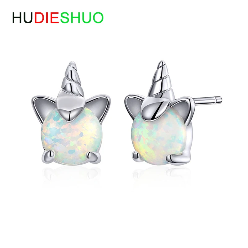 925 SterlingSilver белый опал единорог серьги гвоздики с животными для женщин маленькие