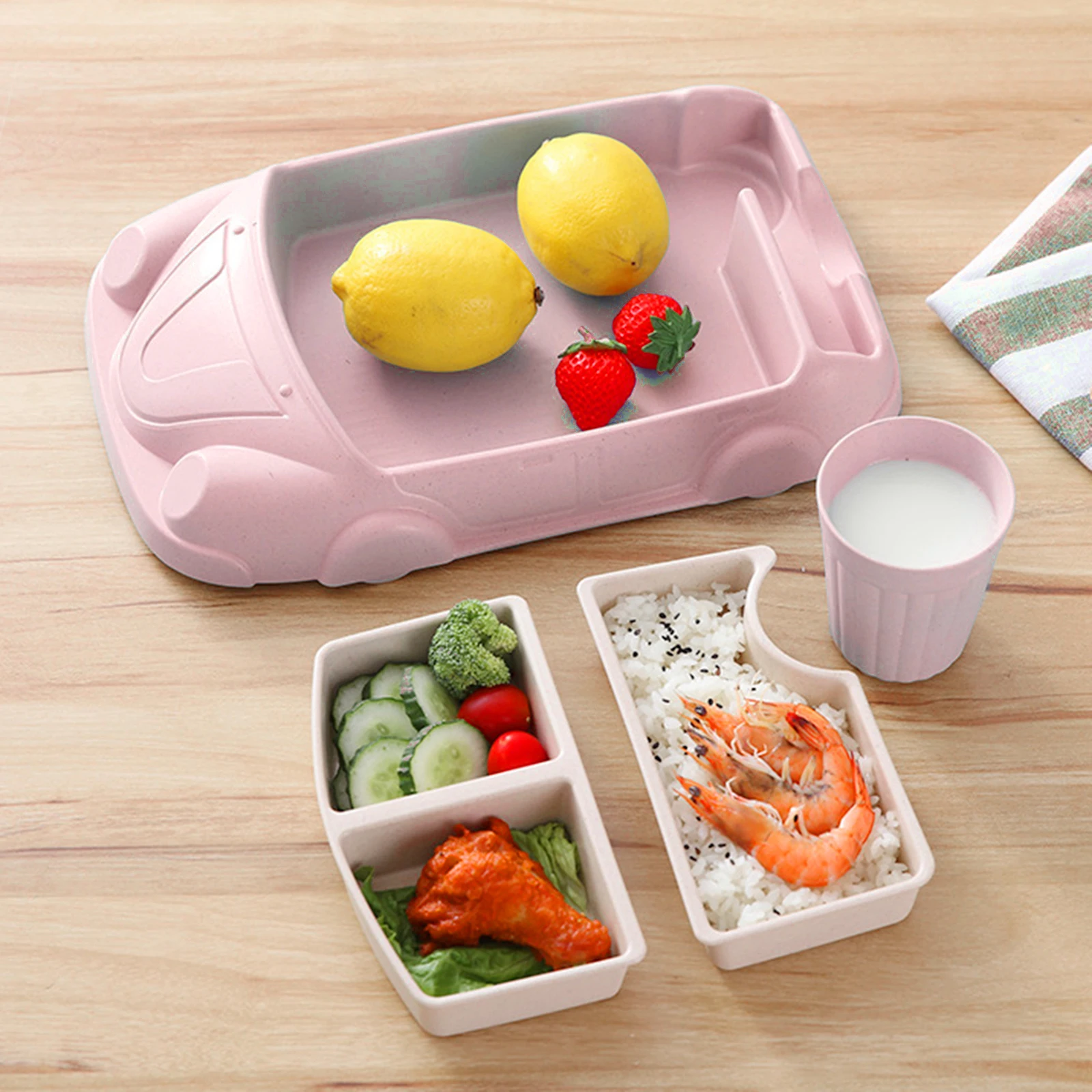 

Cartoon Car-Shaped Bamboo Fiber Dinner Tableware Set Plates Cup Children