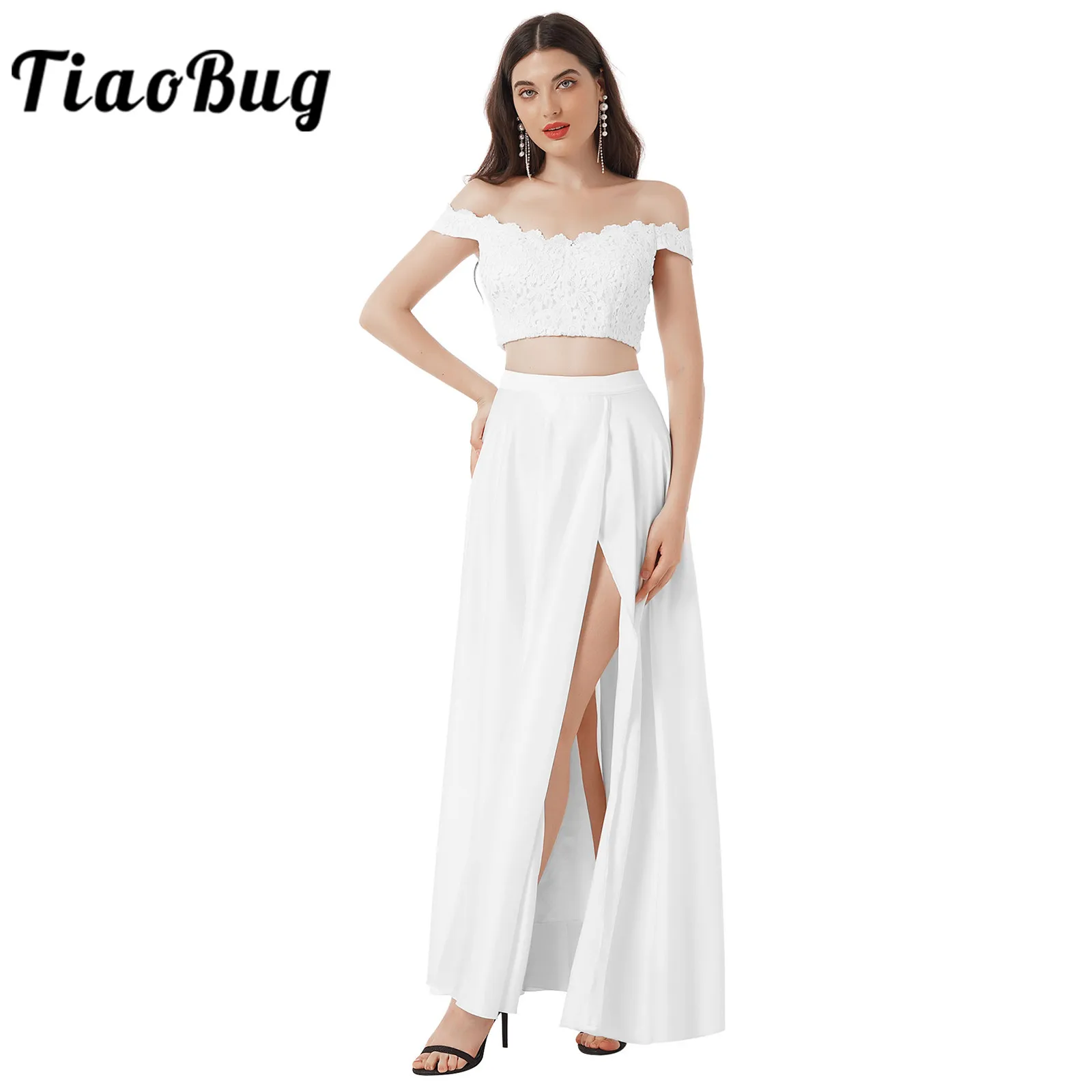 

2Pcs Womens Sexy Party Dress Outfit Floral Lace Evening Gown Vestido De Fiesta Banquet Wedding Costume Brideamaid Dresses White