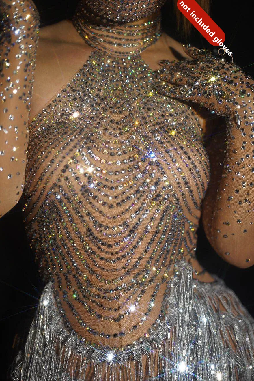 Блестящее платье стразы с кисточками сексуальное женское эластичное Сетчатое