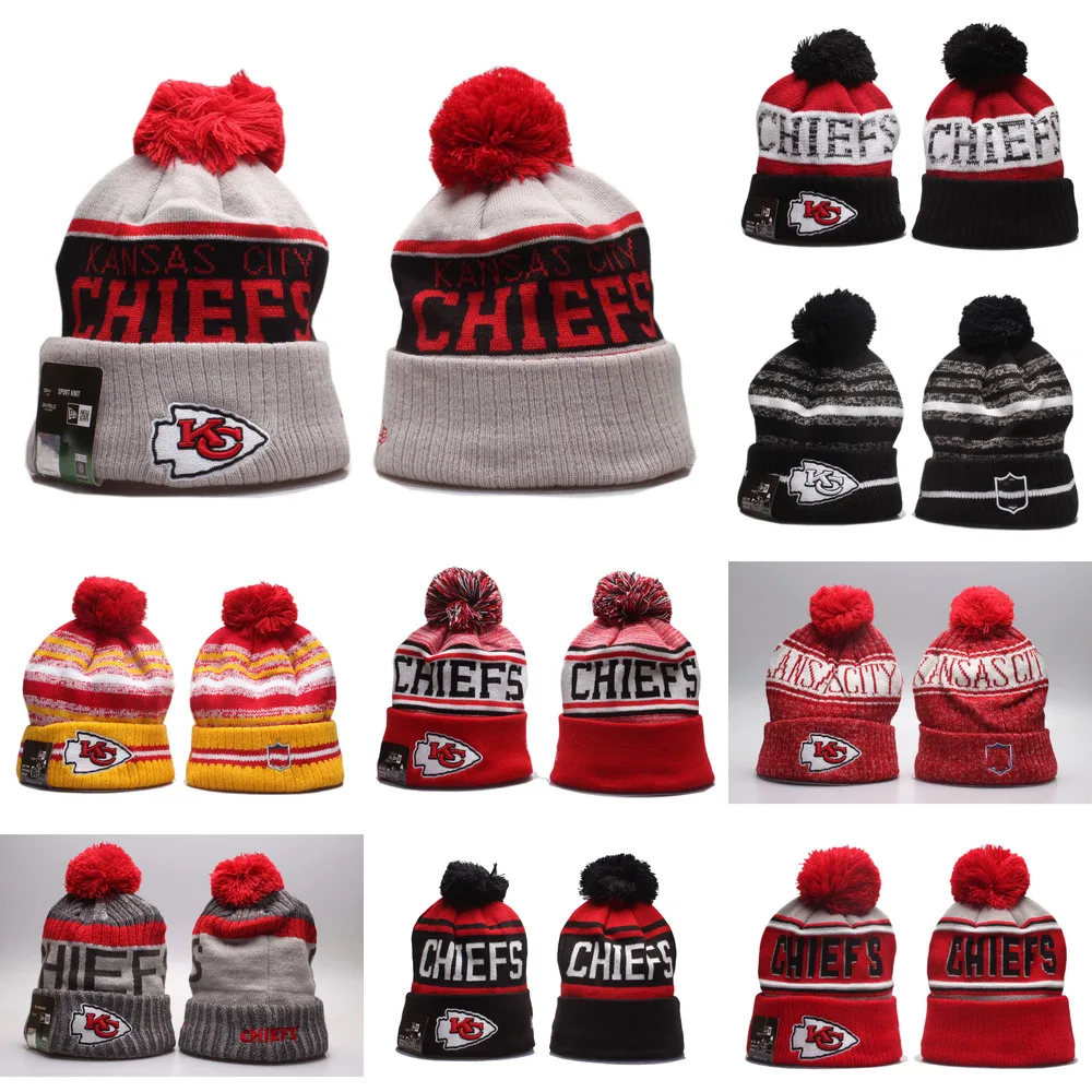 

Embroidery Kansas City Knitted Hats Women Men Winter Cap Warm Skiing Stripe Beanies Cuffed Chiefs Knit Hat With Pom