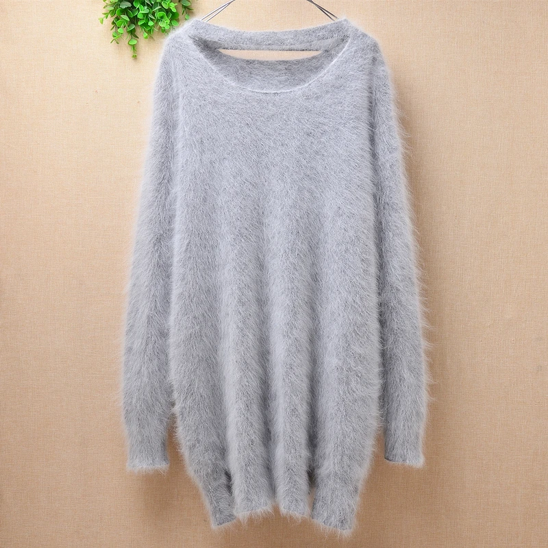 

Женская зимняя одежда, пушистый серый кашемировый вязаный пуловер из меха норки с длинными рукавами и круглым вырезом, Свободный пуловер с ...