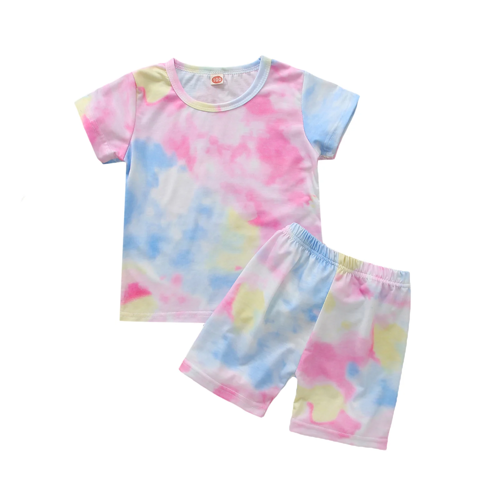 

Summer Kids Suit Set Girls Tie-Dye Print Round Collar Short Sleeve T-Shirt+ Short Pants for 2-7Years