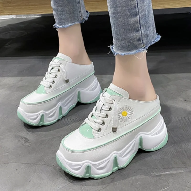 

No Heel Women High Platform Slippers Woman 9.5cm Wedges Shoes Ladies Outside Leather Casual White Chunky Sneakers 2021 Summer