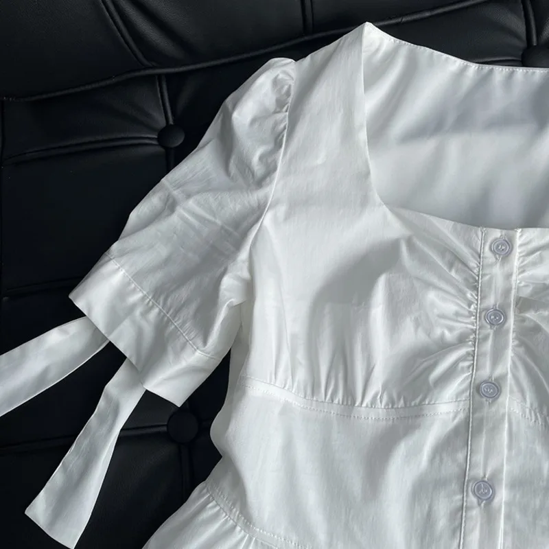 

DEAT Women White Bow Single Breasted A-line High Waist Dress New Square Collar Short Sleeve Slim Fashion Tide Summer 2021 7E410