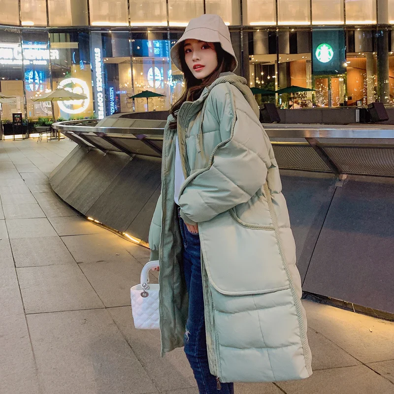 

High Street Side Big Pocket Loose Coat 2021 New Straight Winter Corduroy Edging Fashion Warm Hooded Cotton Parka Campera Mujer