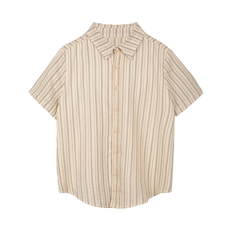 

Fun and fun striped short sleeve shirt women's summer thin retro loose top casual versatile Lapel top