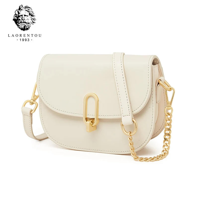 

LAORENTOU Women's Cowhide Commuter White Crossbody Shoulder Bag Flip Bag Fashion Chain Armpit Semicircle Saddle Bag