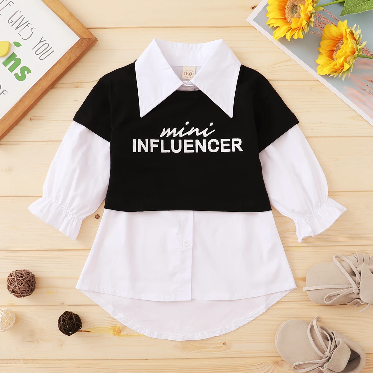

1-4Y Toddler Girls 2pcs Spring Autumn Clothes Sets Solid Long Sleeve Shirts Dress+Letter Print Tops Outfits For Children