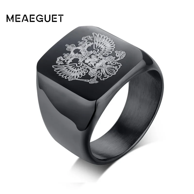 Гладкие квадратные мужские кольца с российским государственным гербом Двойные