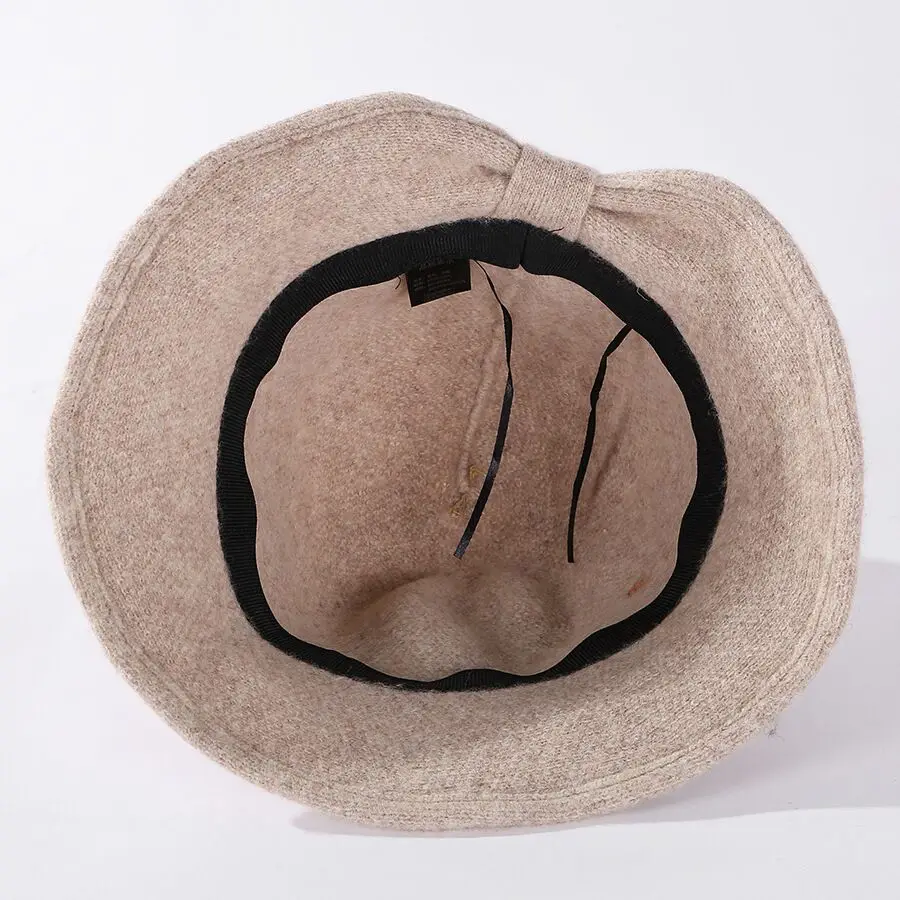 

Autumn Winter Elegant Wool knitting Hat For Women Solid Color Fashion Metal Label Floppy Basin Cap Female Wool Bucket Hat