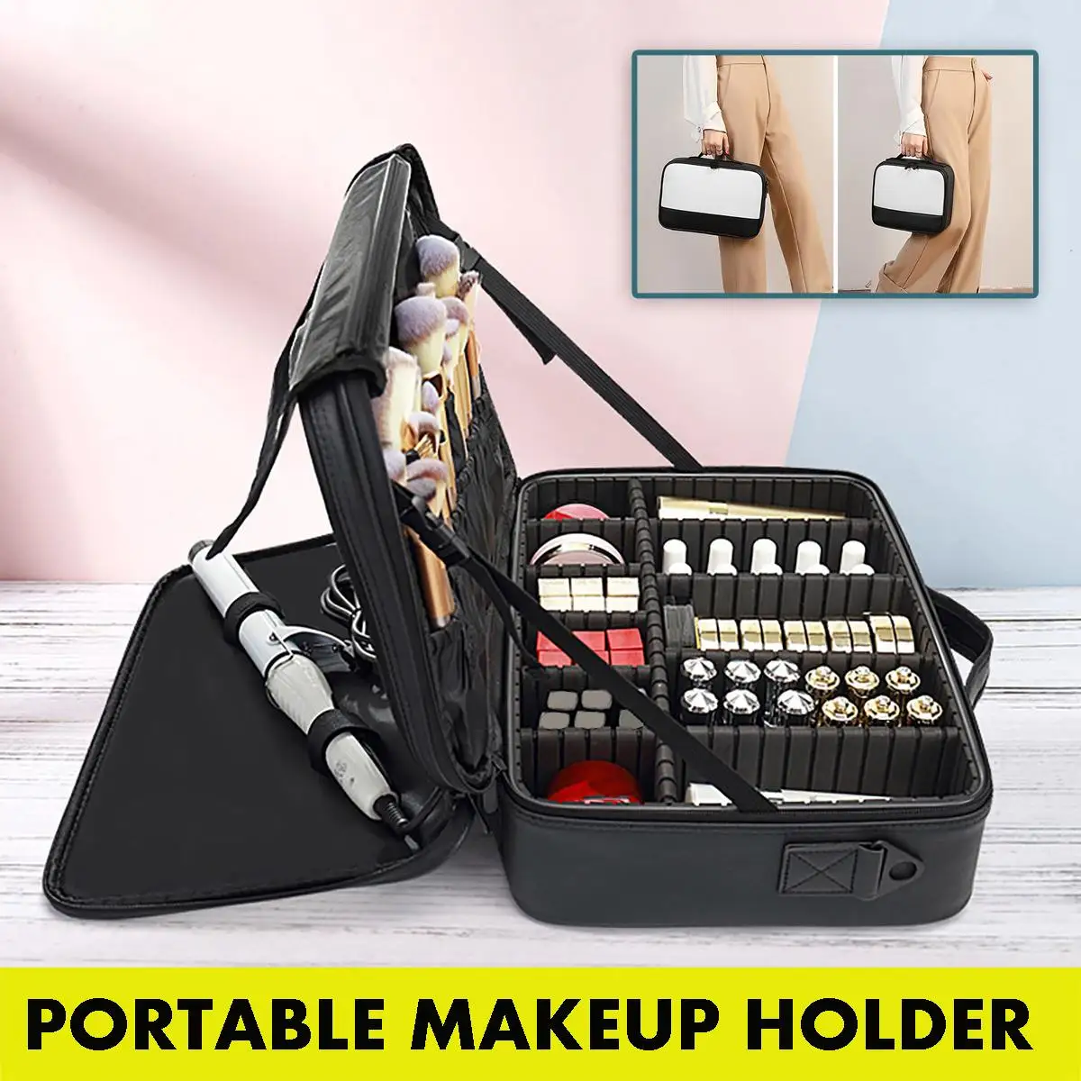 

Women Clapboard Cosmetic Bag Professional Make Up Box Large Capacity Storage Handbag Travel Insert Toiletry Makeup Suitcase