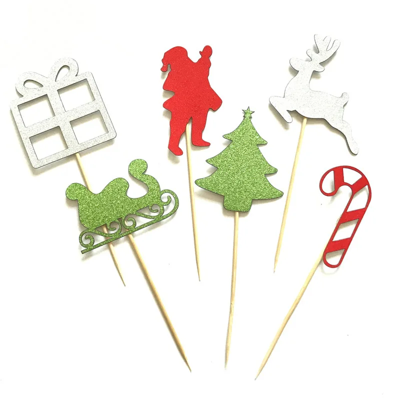 6 шт. рождественские блестящие капкейные топперы Санта-Клаус Олень сани Топпер