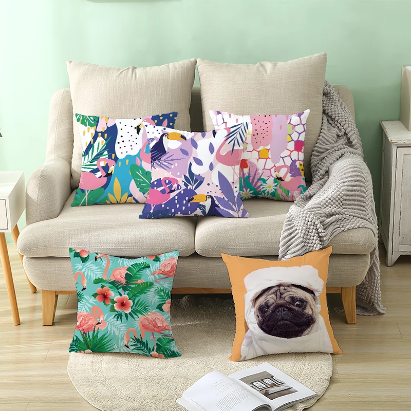

New Cartoon Wolf Flamingo Pattern Chair Pillowcase Peach Skin Digital Printing Sofa Cushion Home Decoration Products Pillow