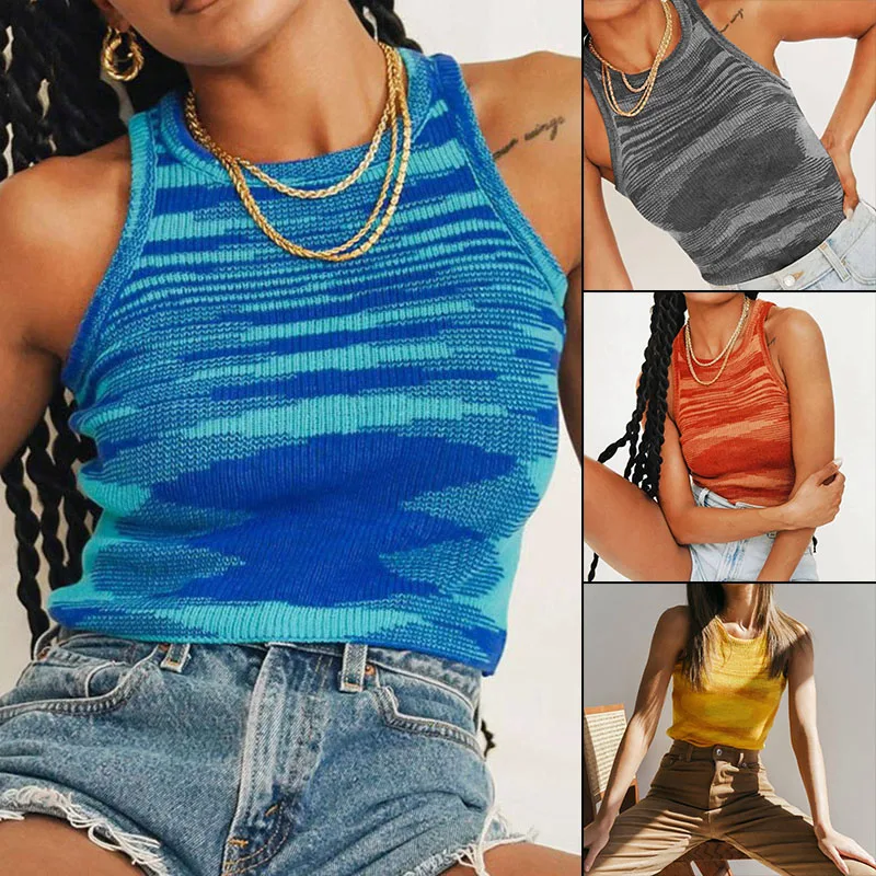 

Tie Dye Knitted Crop Tank Tops for Women Sleeveless Cami Vest Round Neck T Shirt Summer Streetwear Blouse Shirts