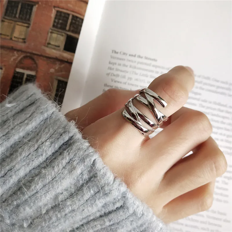 

RUIYI Real 925 Sterling Silver Personalized Women Luxury Jewelry Chic Rings Girl Irregular Geometric Weaving Multi-layered Rings