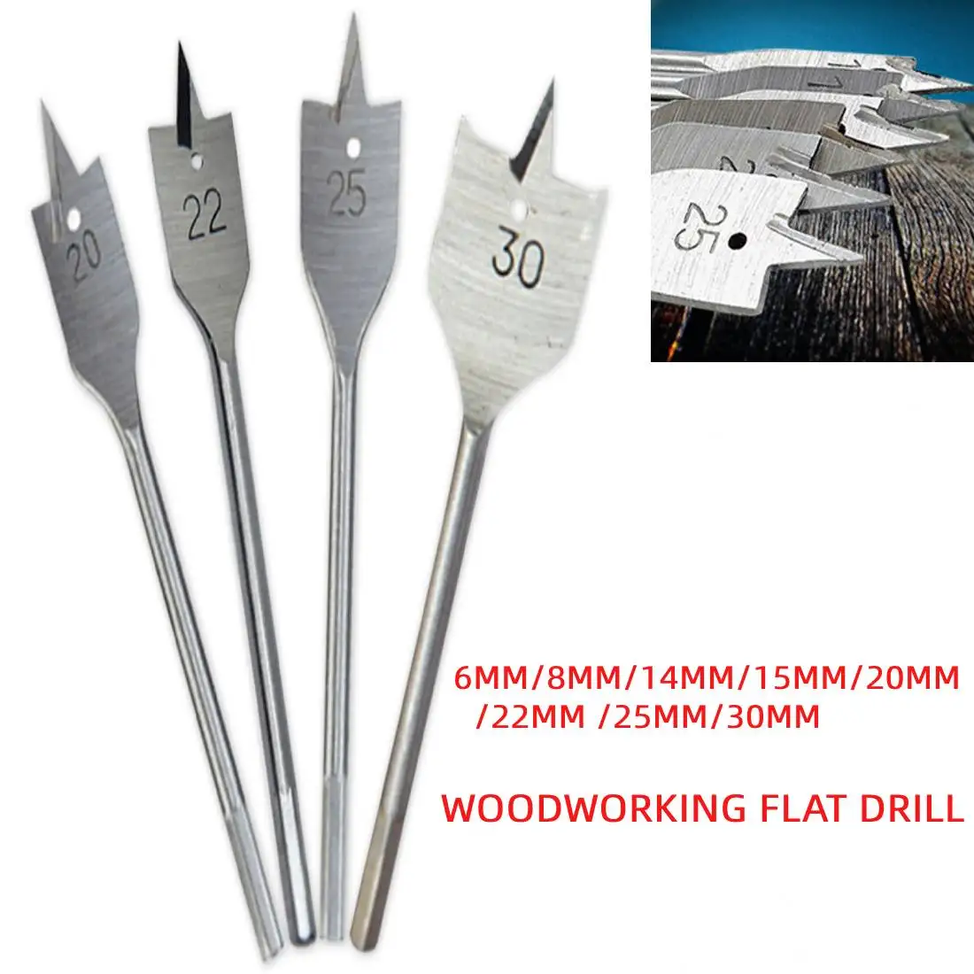 

High Carbon Steel Wood Flat Spade Drill Bits Hex Shank Flat Drill Bits Woodworking Tool 6mm/8mm/14mm/15mm/20mm /22mm /25mm/30mm