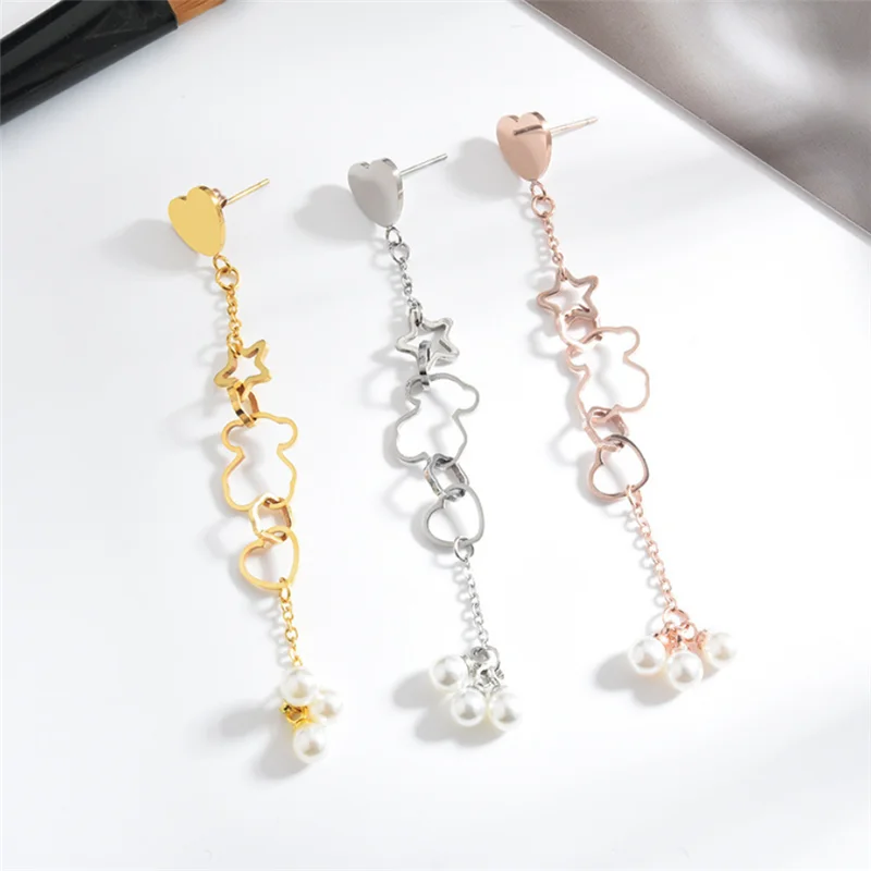 

2020 New Fashion Cute Love Heart Star Long Drop Earrings For Women Hollow Bear White Imitation Pearl Earrings Jewelry