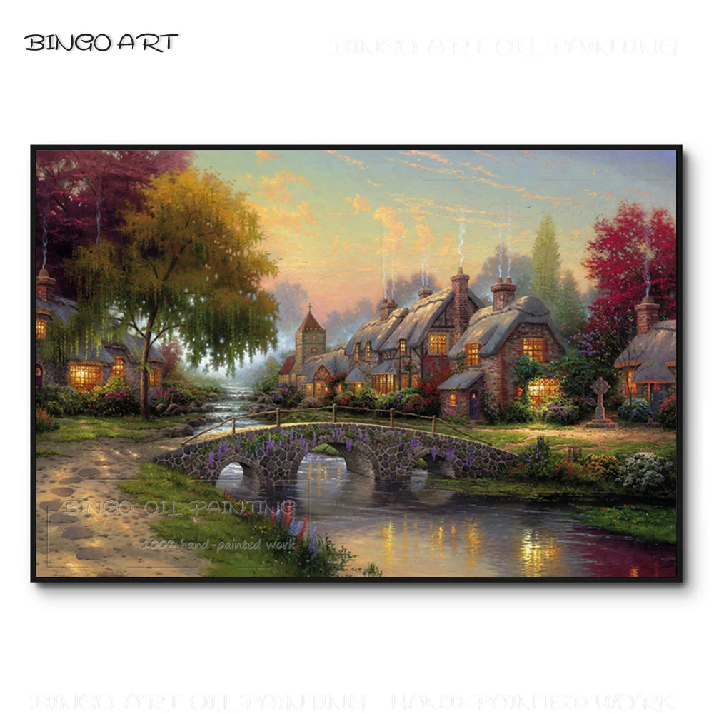 

Top Artist Hand-painted High Quality Canvas Wall Art Cobblestone Bridge Summer Cottage Oil Painting Gorgeous Landscape Painting