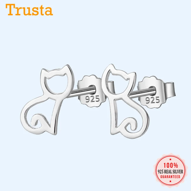 Trusta, 925 пробы, серебряные серьги, модные милые миниатюрные симметричные серьги-гвоздики в виде кота, подарок для школьниц, дочери, DS011