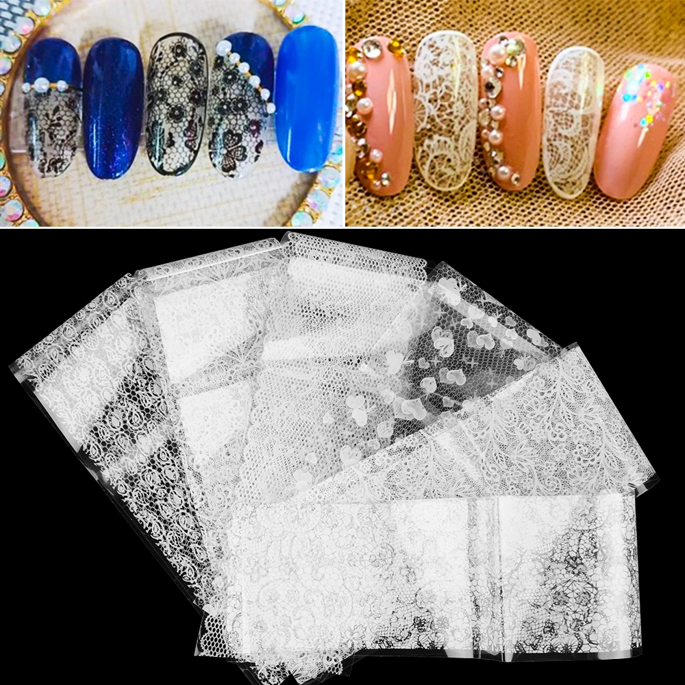 16 шт./партия пленка для ногтей наклейки черно-белые кружевные цветы Дизайн