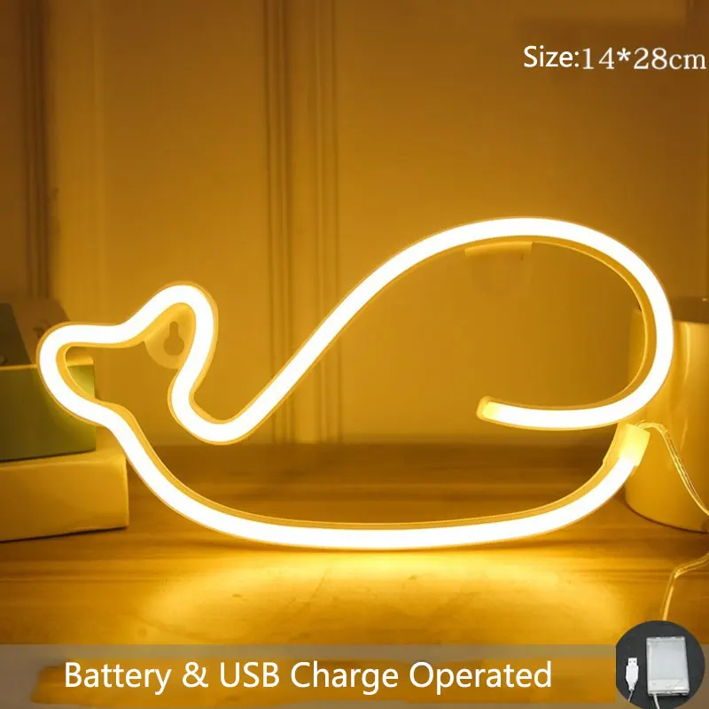 Светодиодный неоновый настенный светильник в форме Кита знак Ночной с батареей и