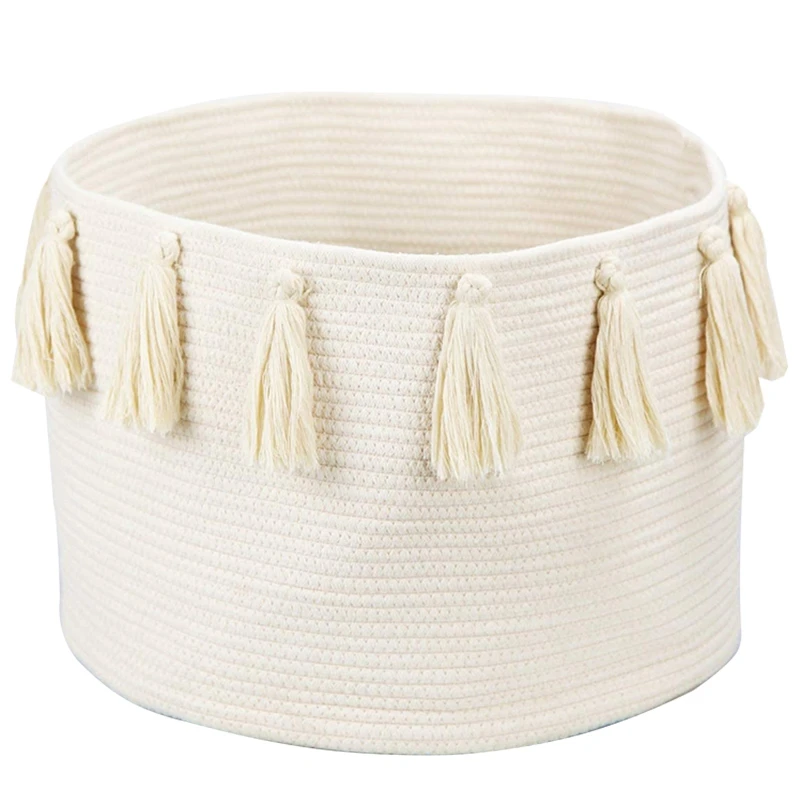 

Large Tassel Woven Basket Storage with Handle Cotton Laundry Hamper Nursery Basket Blanket Baby Toy Storage Organizer
