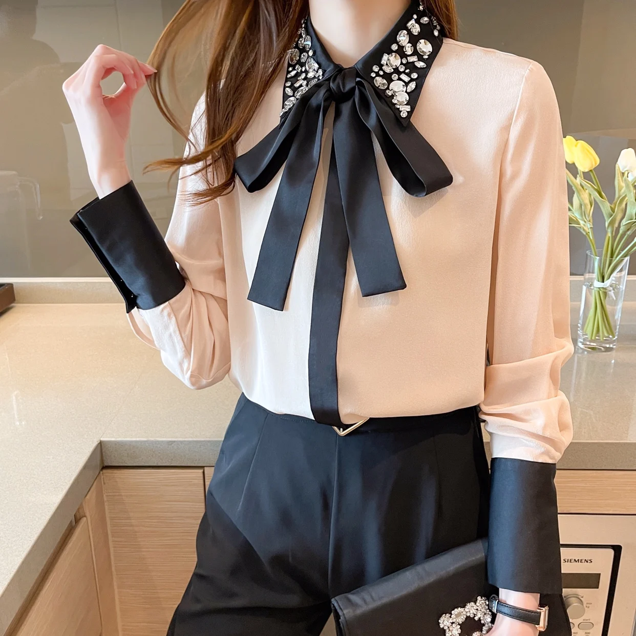 

Splicing Chiffon Women's Blouse Polo Girl's Shirt. Spring Autumn Fashion Clothing Long Sleeve Top Casual Lady Blusas Houthion