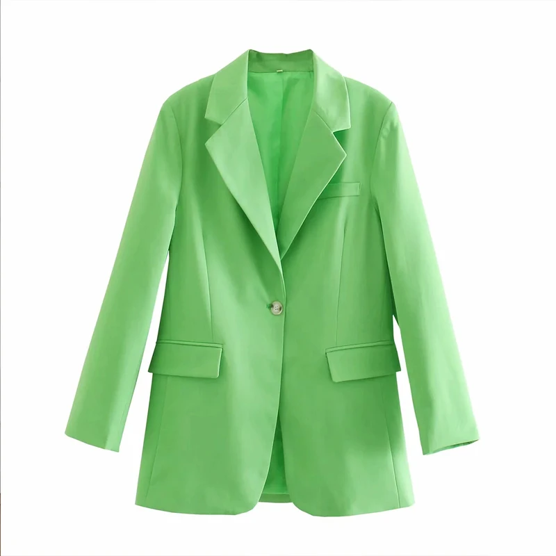 

Women Fashion Green masculine oversize blazer woman chic long sleeve lapel collar shoulder pads blazer coat Female pockets tops