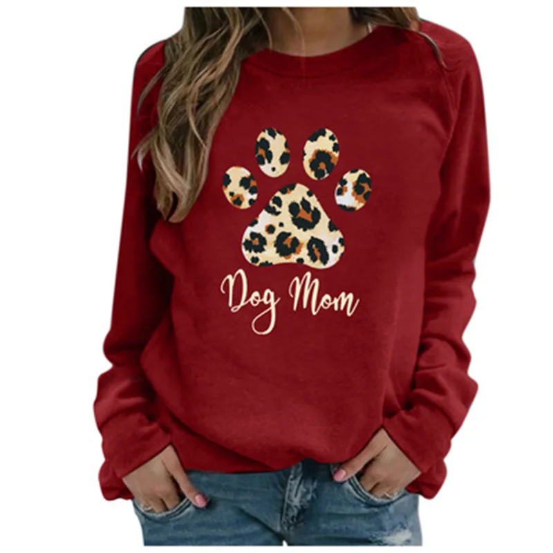 

Fall/winter new style hot sale loose leopard cat paw print long sleeve women's T-shirt