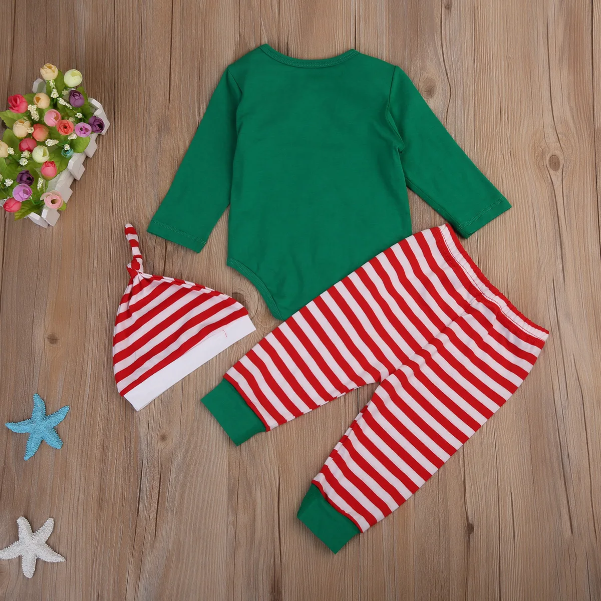 

Pudcoco 2020 Winter Christmas 0-24M Toddler Baby Boy Girl 3Pcs Set Belt Print Long Sleeve Green Elf Bodysuit+Striped Pants+Hat