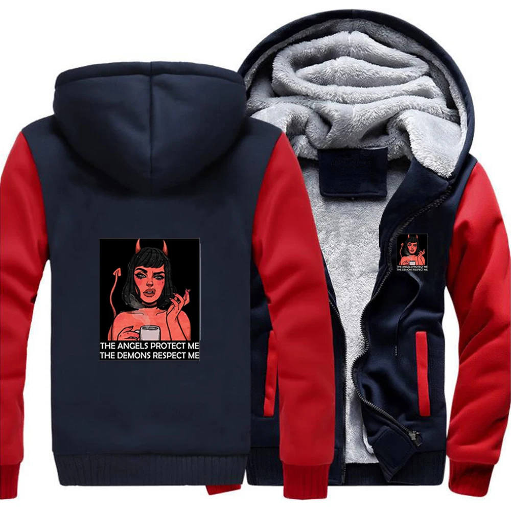 

Повседневная Уличная толстовка с капюшоном The Angels Protect Me The Demons Respect Me, зимняя плотная мужская толстовка с принтом, пальто