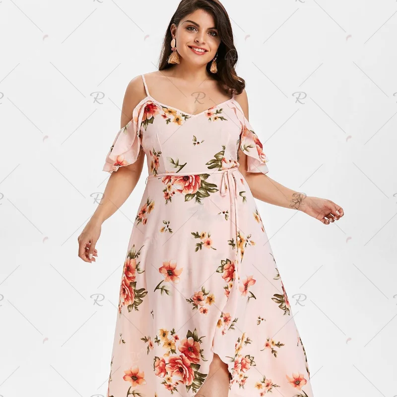 

Plus Size Casual Beautiful Summer Cool Short-sleeved Skirt Large Size Women's Sling Flower Print Off-shoulder Dress