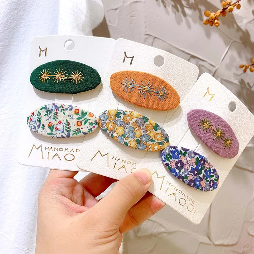 

2 Pcs Cute Embroidery Korea Fashion Floral Fabric Hair Accessories Headwear Flower Hairpin Oval BB Clip