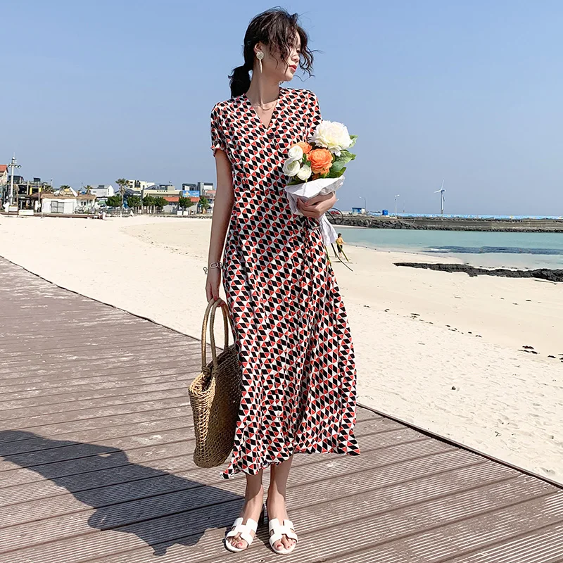 Летнее Женское Платье макси с принтом Элегантное повседневное пляжное платье в