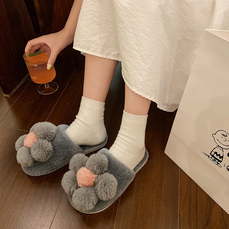 Женские флисовые меховые мюли теплые плюшевые зимние тапки плоская подошва