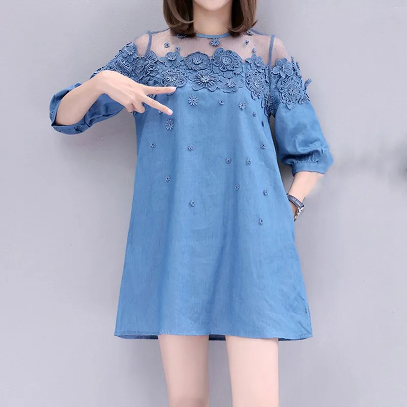 New Patchwork Bead Transparent Mesh Shirt Denim Dress Fall Summer Women Plus Size Short Blue Loose Jeans | Женская одежда