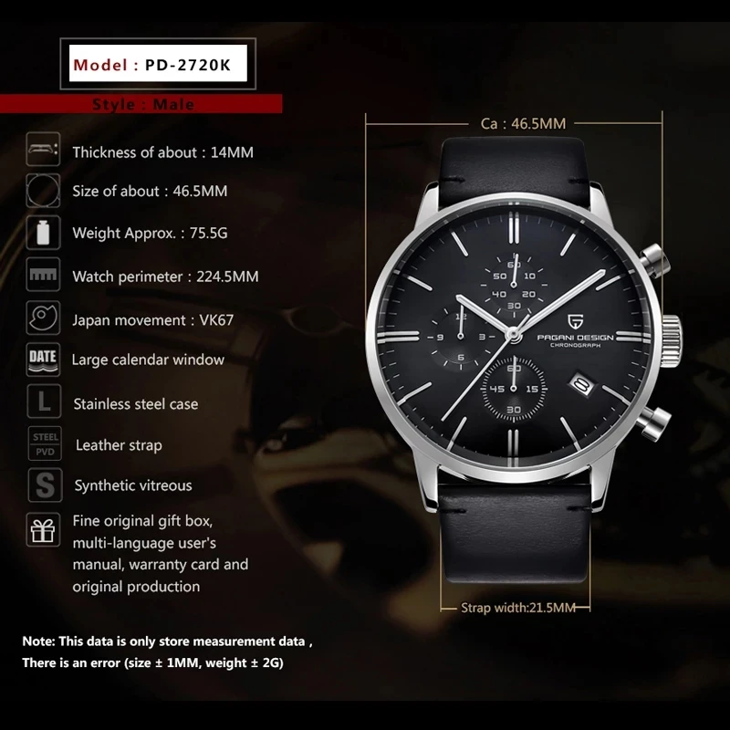 

2021 New PAGANI DESIGN Brand Luxury Men Watch Automatic Date VK67 Movements Watch Men Waterproof Chronograph Pagani PD-2720K+Box